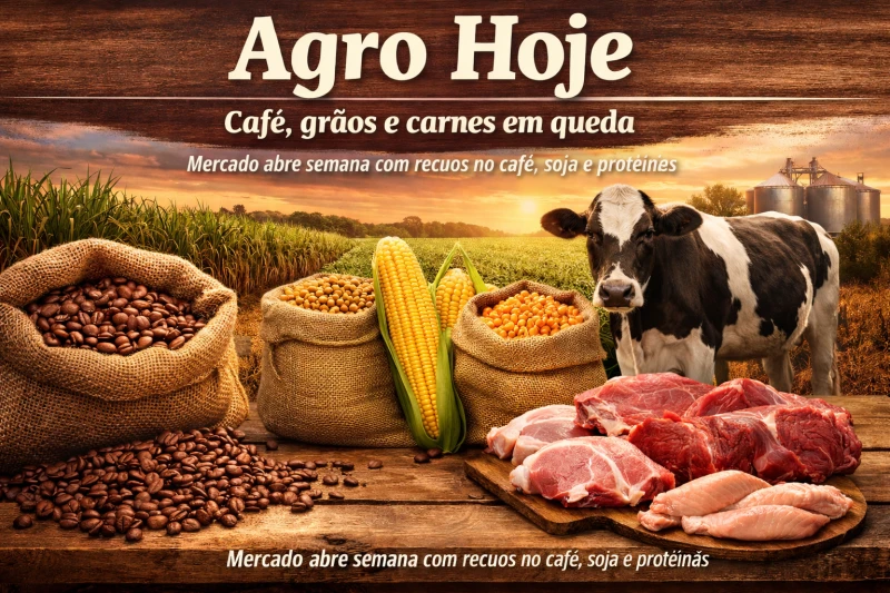 Agro Hoje: café, grãos e carnes em queda