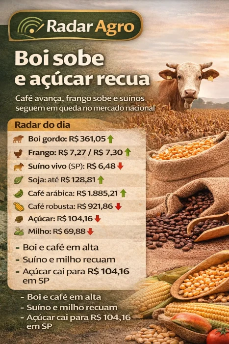 Radar Agro: boi sobe e açúcar recua