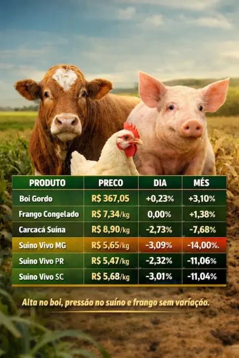 AGRO HOJE - Boi sobe, suíno cai e frango fica estável