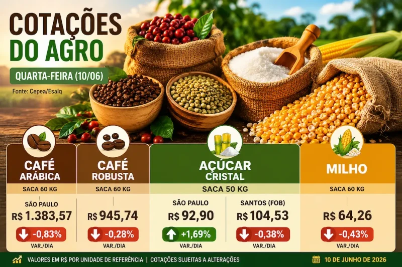 Café arábica e robusta recuam; açúcar sobe em São Paulo e milho segue em queda