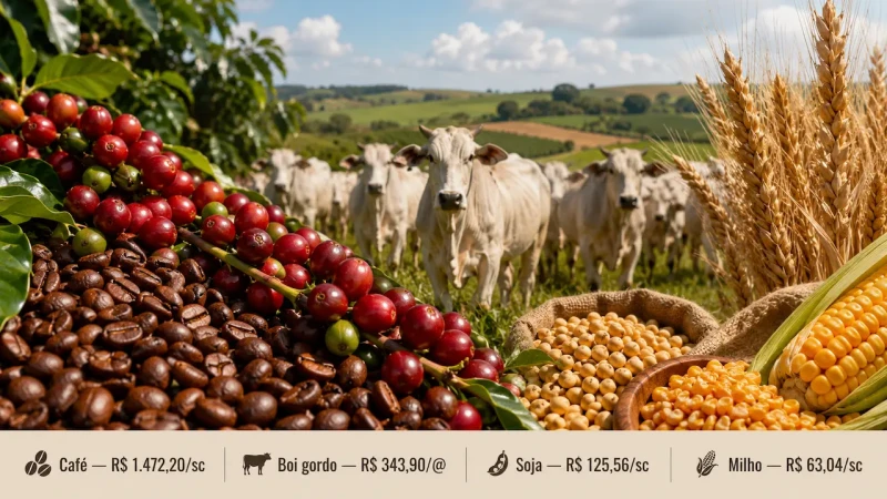 Café segue acima de R$ 1,4 mil e boi fica em R$ 343,90; trigo e etanol sobem