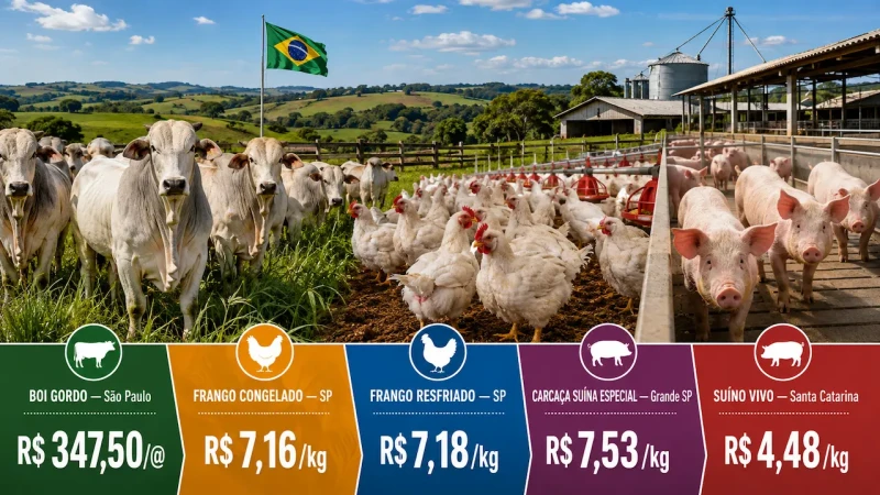 Boi gordo recua, frango avança e suíno mantém estabilidade no início da semana