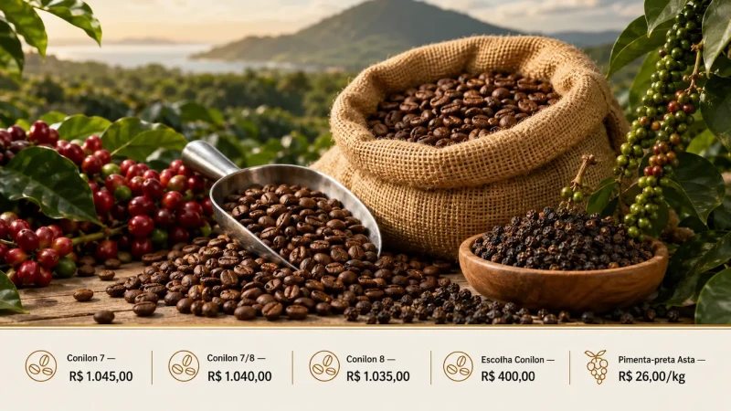 Conilon sobe e chega a R$ 1.045 por saca; pimenta-preta permanece em R$ 26
