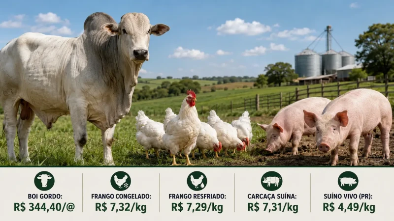Boi gordo recua para R$ 344,40; frango fica estável e carne suína cai