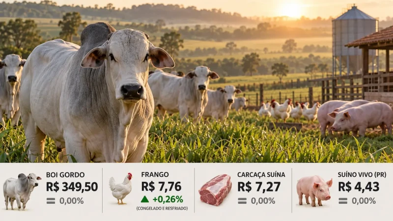 Boi gordo fica estável a R$ 349,50; frango sobe e suíno tem preços mistos
