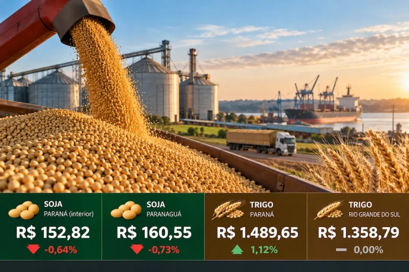 Soja recua no Paraná e em Paranaguá; trigo sobe no mercado paranaense
